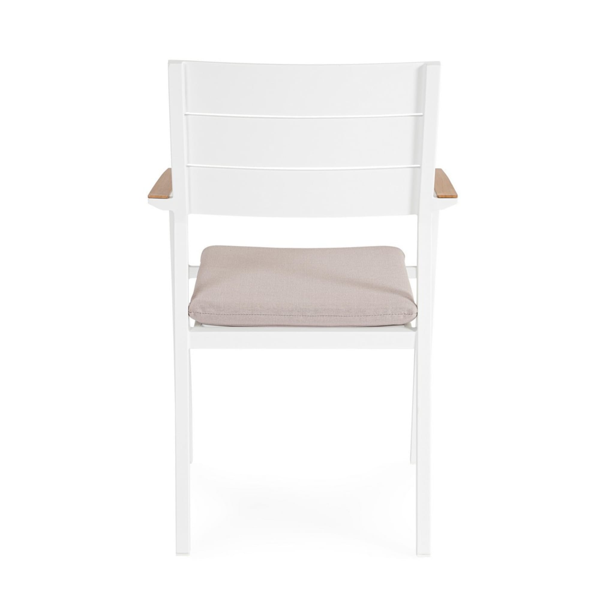 Set 4 sedie da giardino ZELMAR con cuscino tortora, braccioli effetto legno e struttura in alluminio bianco