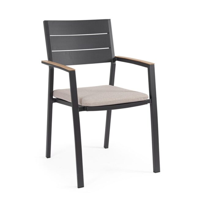 Set 4 sedie da giardino ZELMAR con cuscino tortora, braccioli effetto legno e struttura in alluminio antracite
