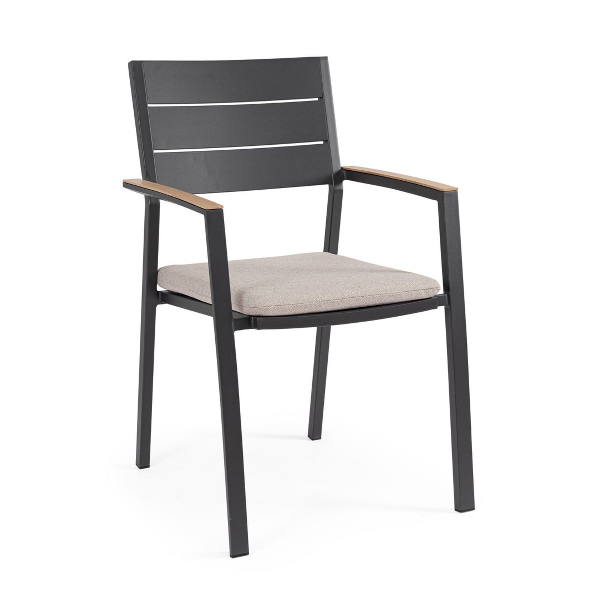 Set 4 sedie da giardino ZELMAR con cuscino tortora, braccioli effetto legno e struttura in alluminio antracite