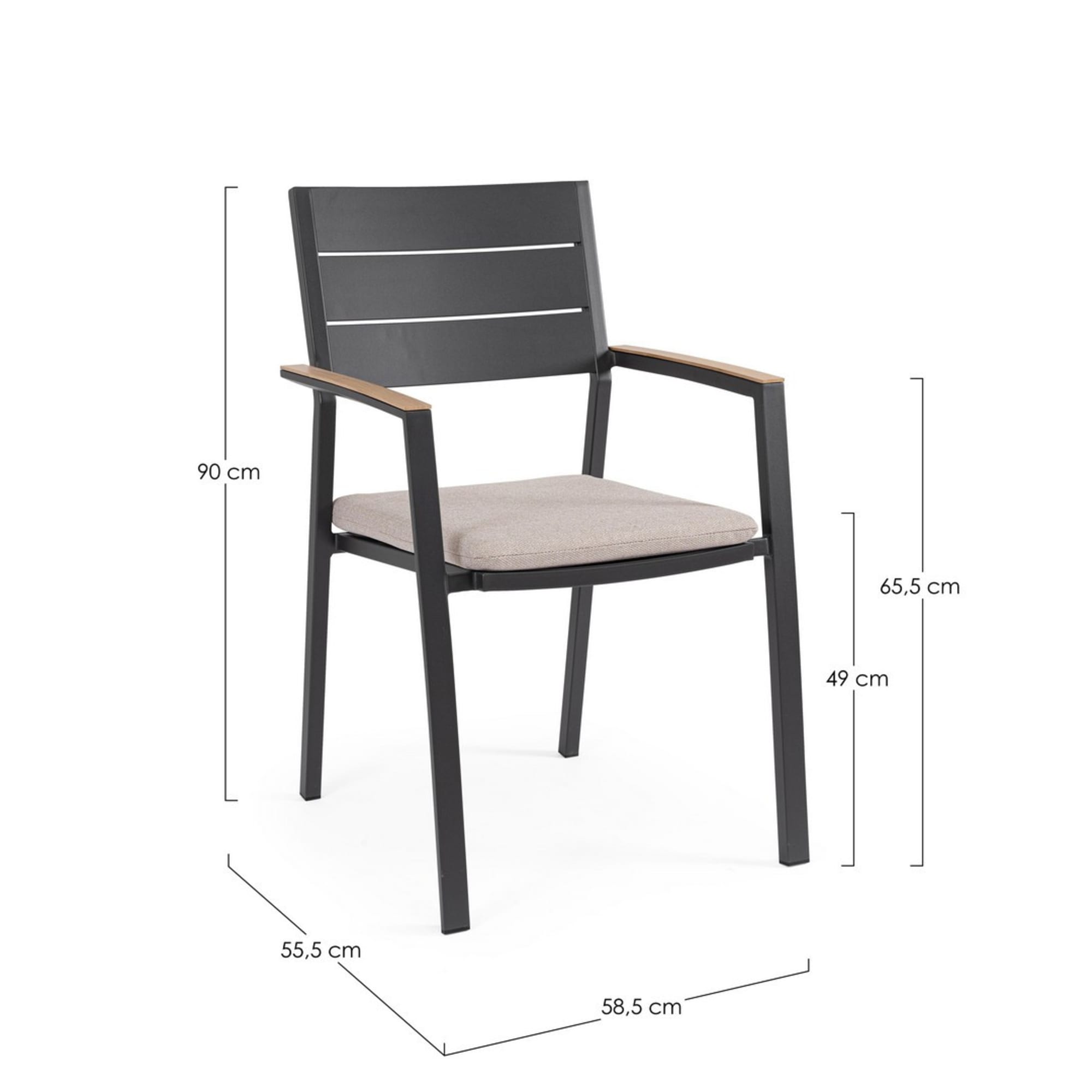 Set 4 sedie da giardino ZELMAR con cuscino tortora, braccioli effetto legno e struttura in alluminio antracite