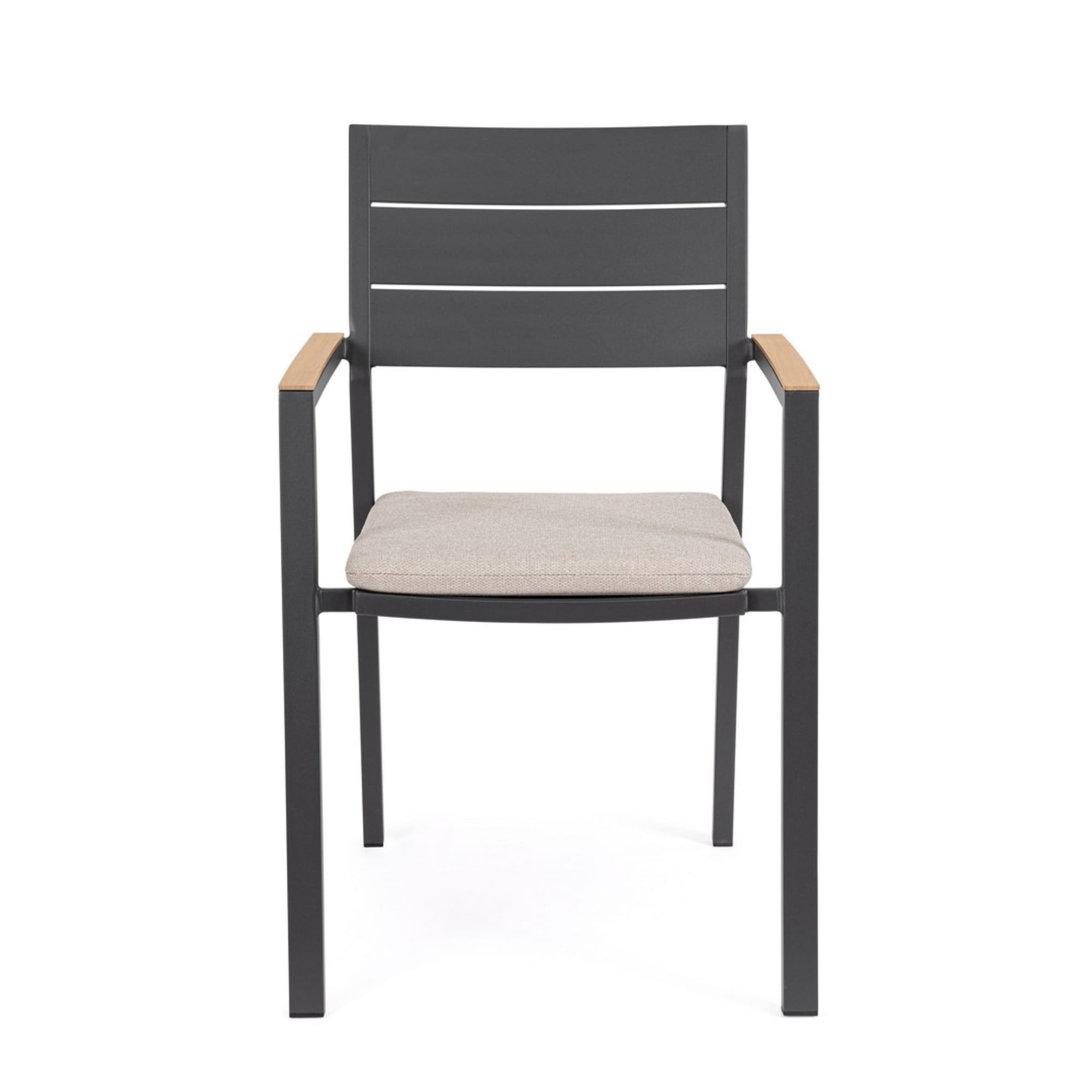 Set 4 sedie da giardino ZELMAR con cuscino tortora, braccioli effetto legno e struttura in alluminio antracite