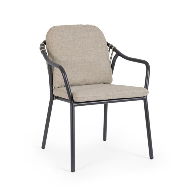 Set 4 sedie da giardino PAMPLONA con cuscini beige, schienale in corda e struttura antracite