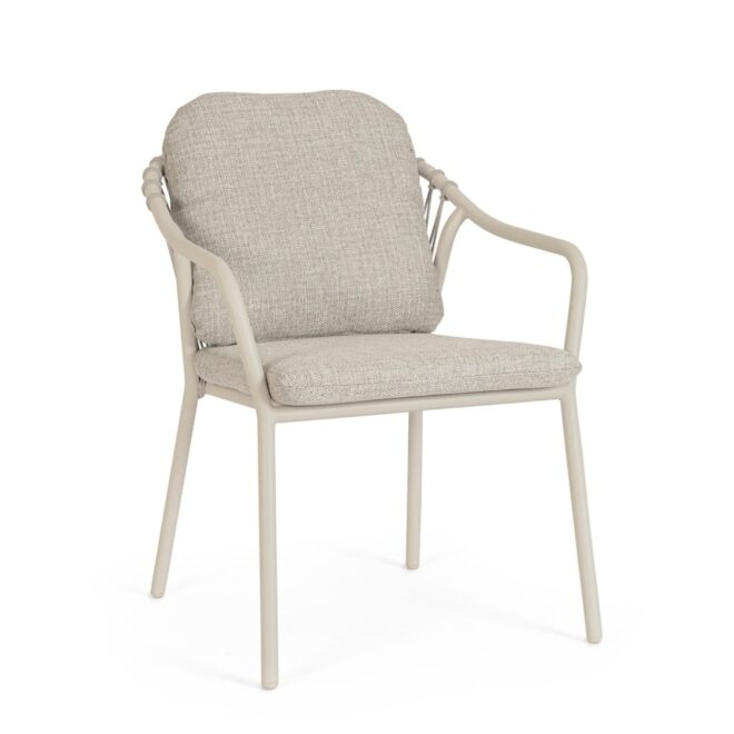 Set 4 sedie da giardino PAMPLONA con cuscini, schienale in corda e struttura beige