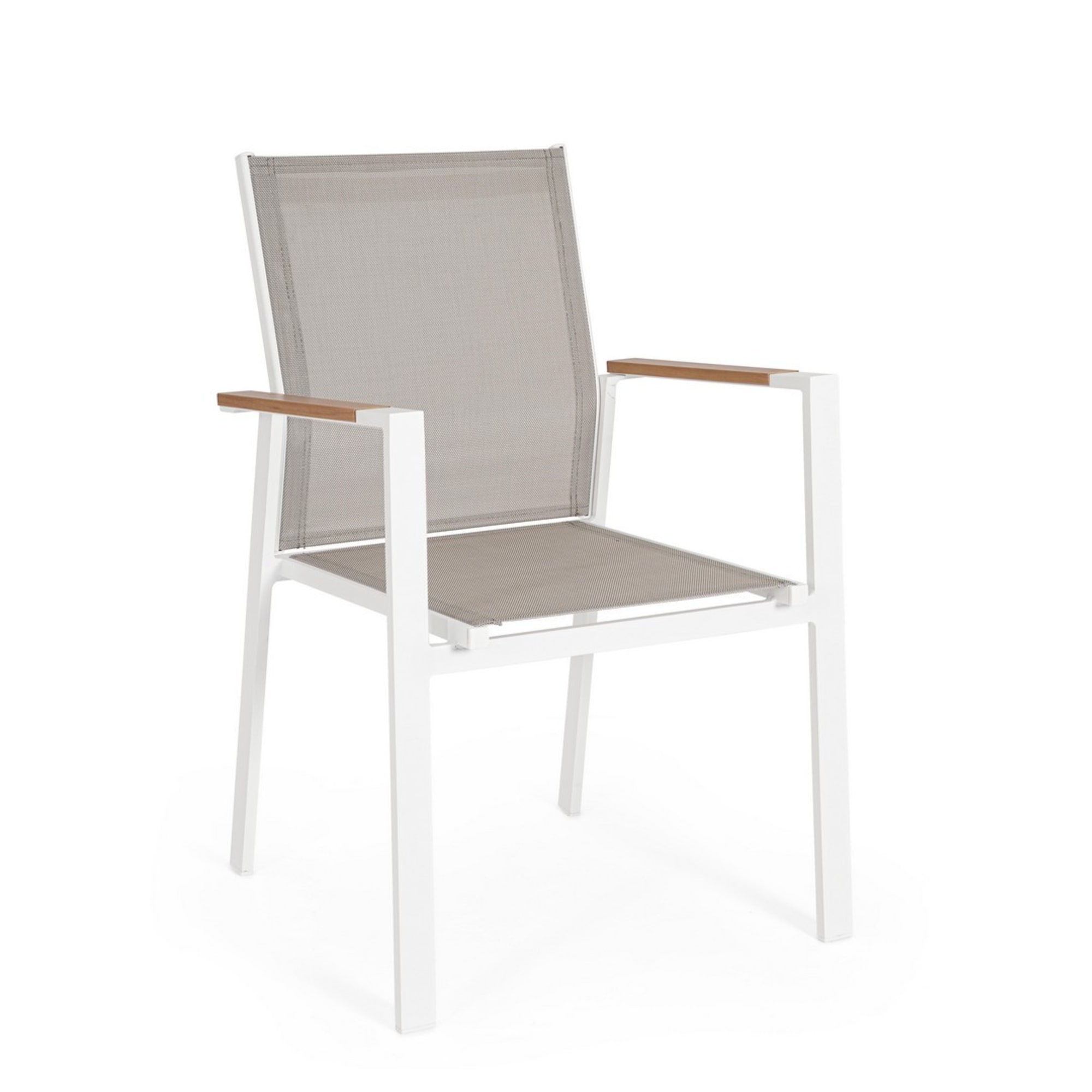 Set 4 sedie da giardino DENIA in textilene grigio tortora con inserti effetto legno e struttura bianca