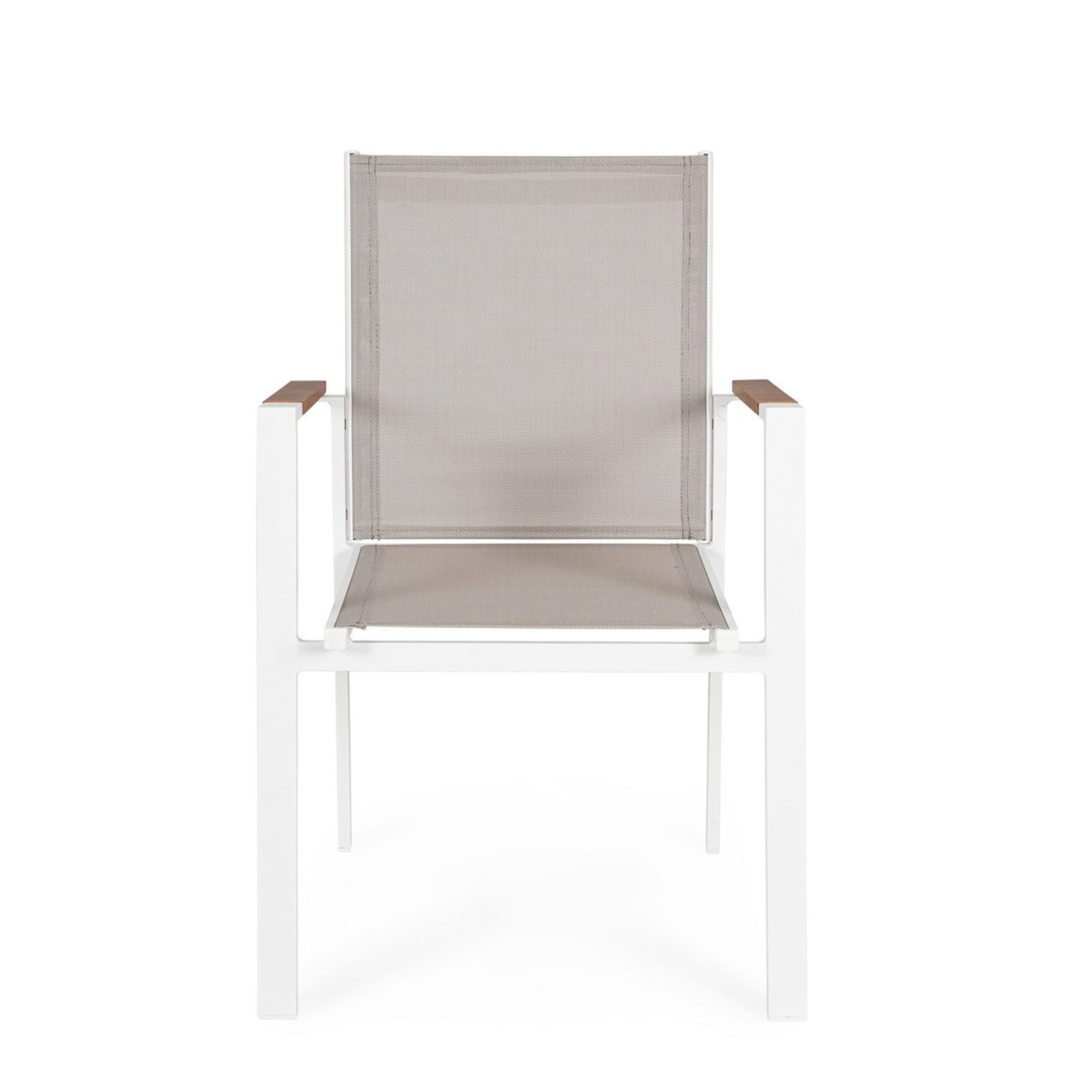Set 4 sedie da giardino DENIA in textilene grigio tortora con inserti effetto legno e struttura bianca