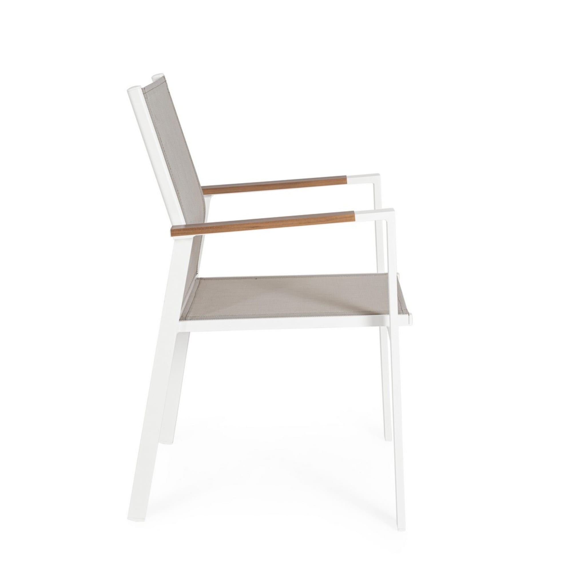 Set 4 sedie da giardino DENIA in textilene grigio tortora con inserti effetto legno e struttura bianca