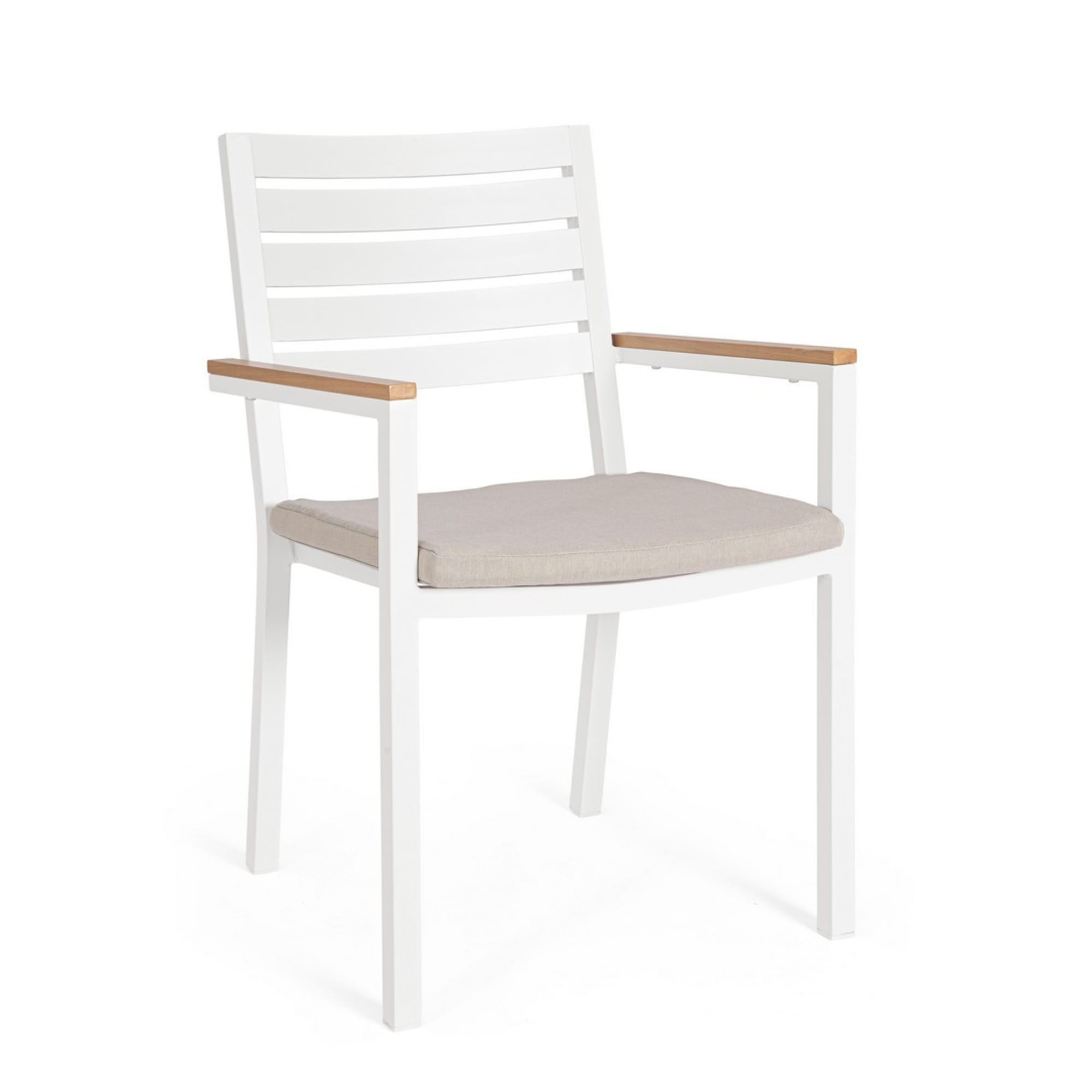 Set 4 sedie da giardino ELDA con cuscino beige, braccioli effetto legno e struttura bianca