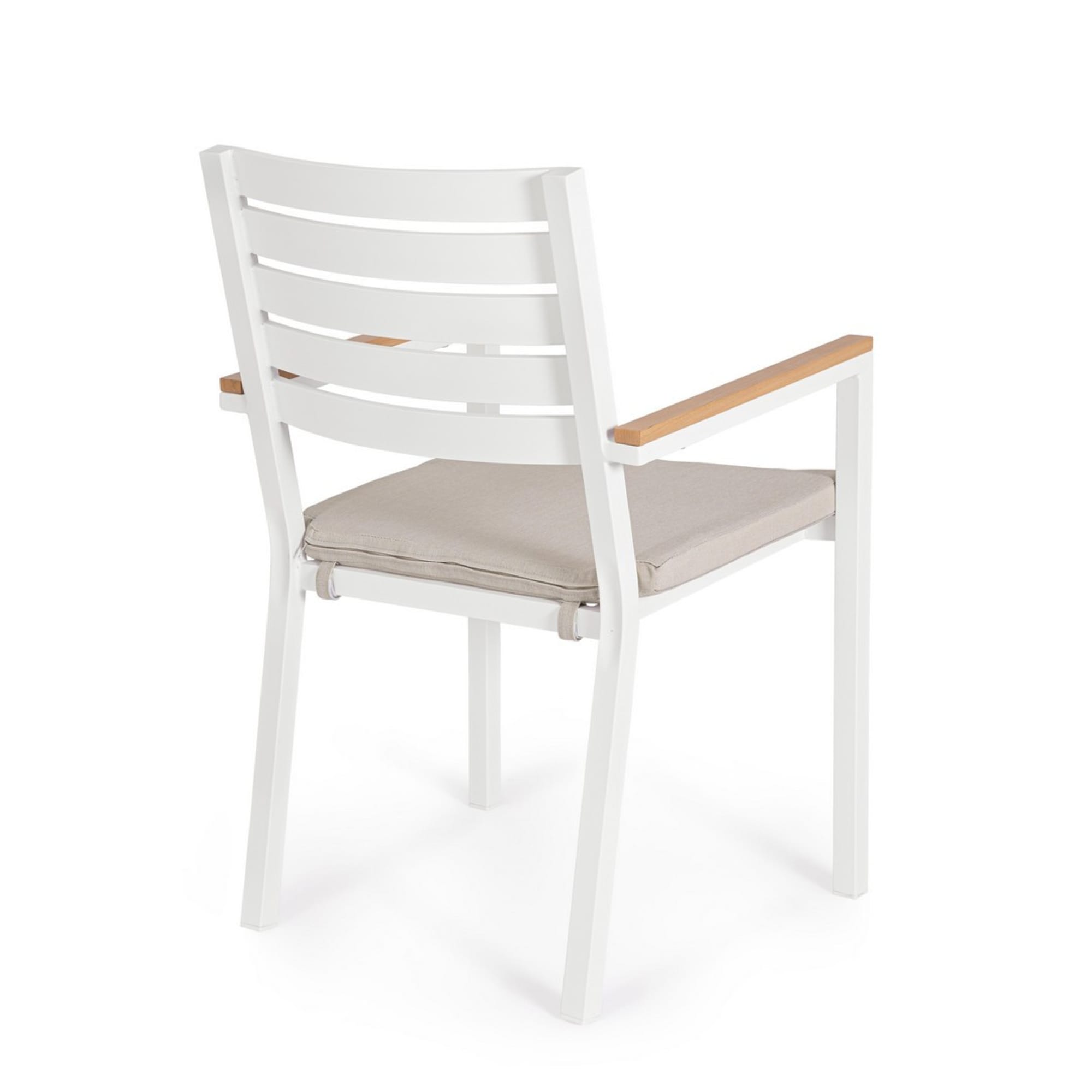Set 4 sedie da giardino ELDA con cuscino beige, braccioli effetto legno e struttura bianca