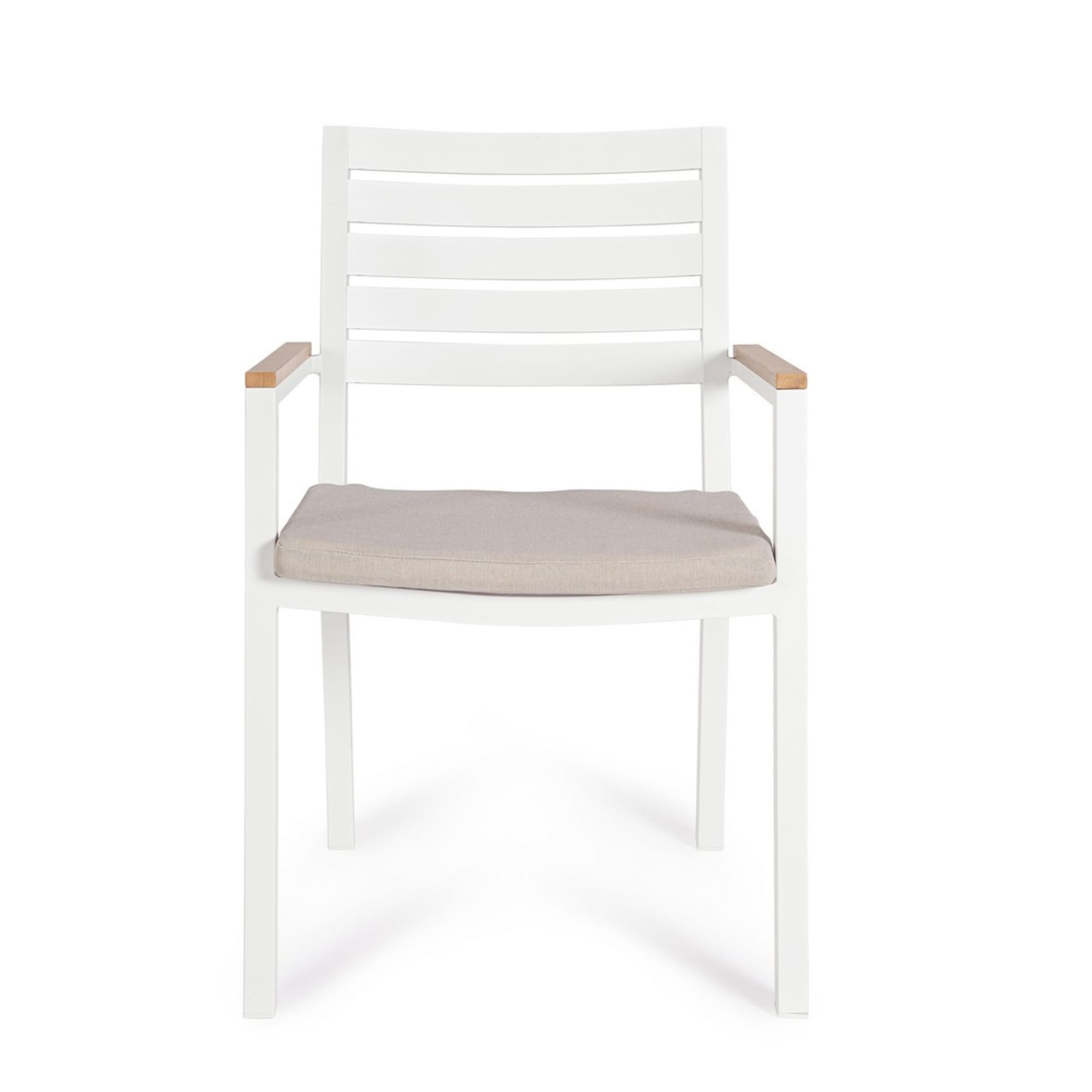 Set 4 sedie da giardino ELDA con cuscino beige, braccioli effetto legno e struttura bianca