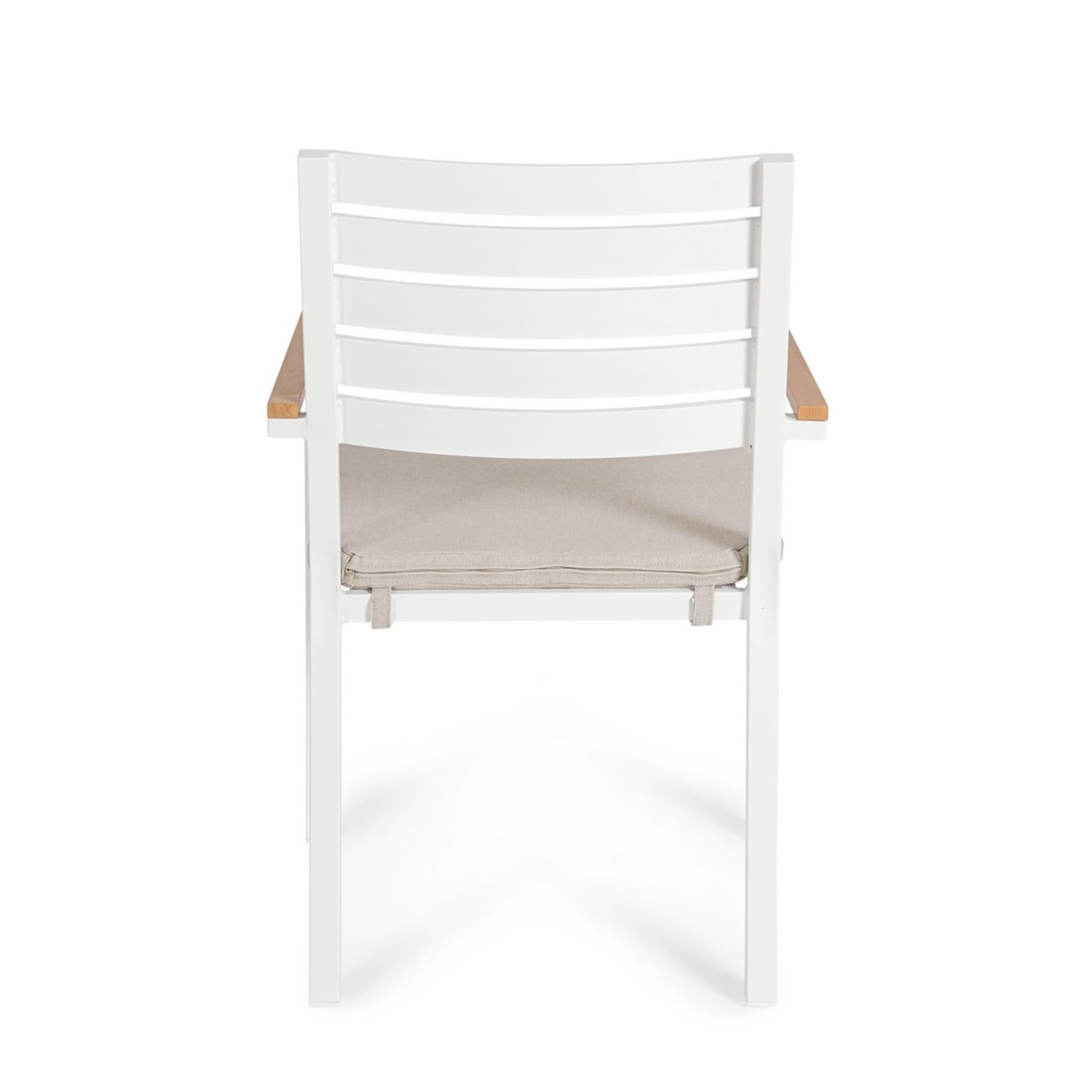 Set 4 sedie da giardino ELDA con cuscino beige, braccioli effetto legno e struttura bianca