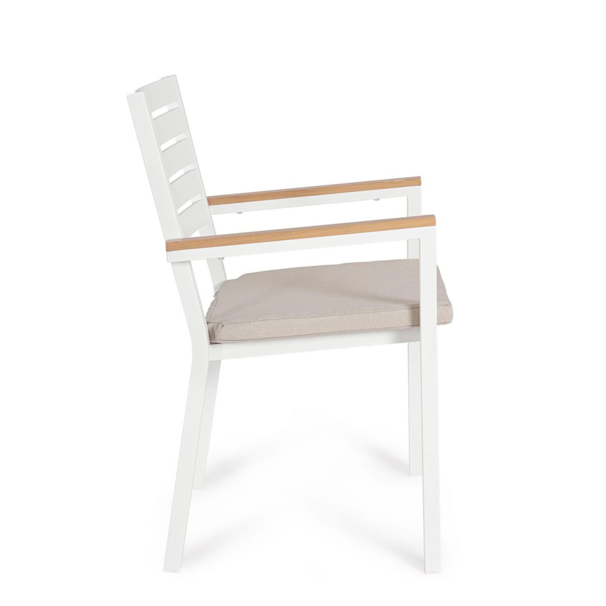 Set 4 sedie da giardino ELDA con cuscino beige, braccioli effetto legno e struttura bianca
