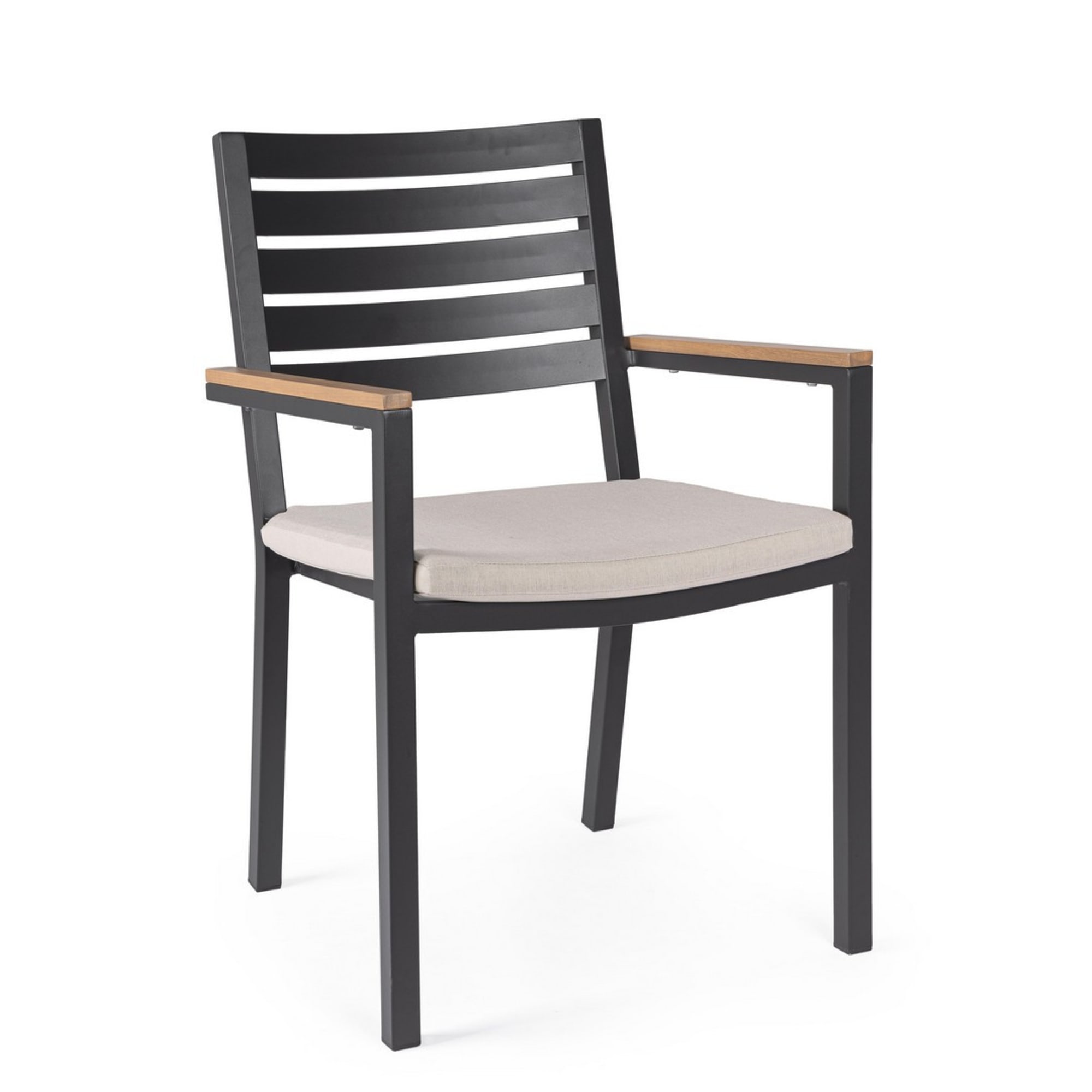 Set 4 sedie da giardino ELDA con cuscino beige, braccioli effetto legno e struttura antracite
