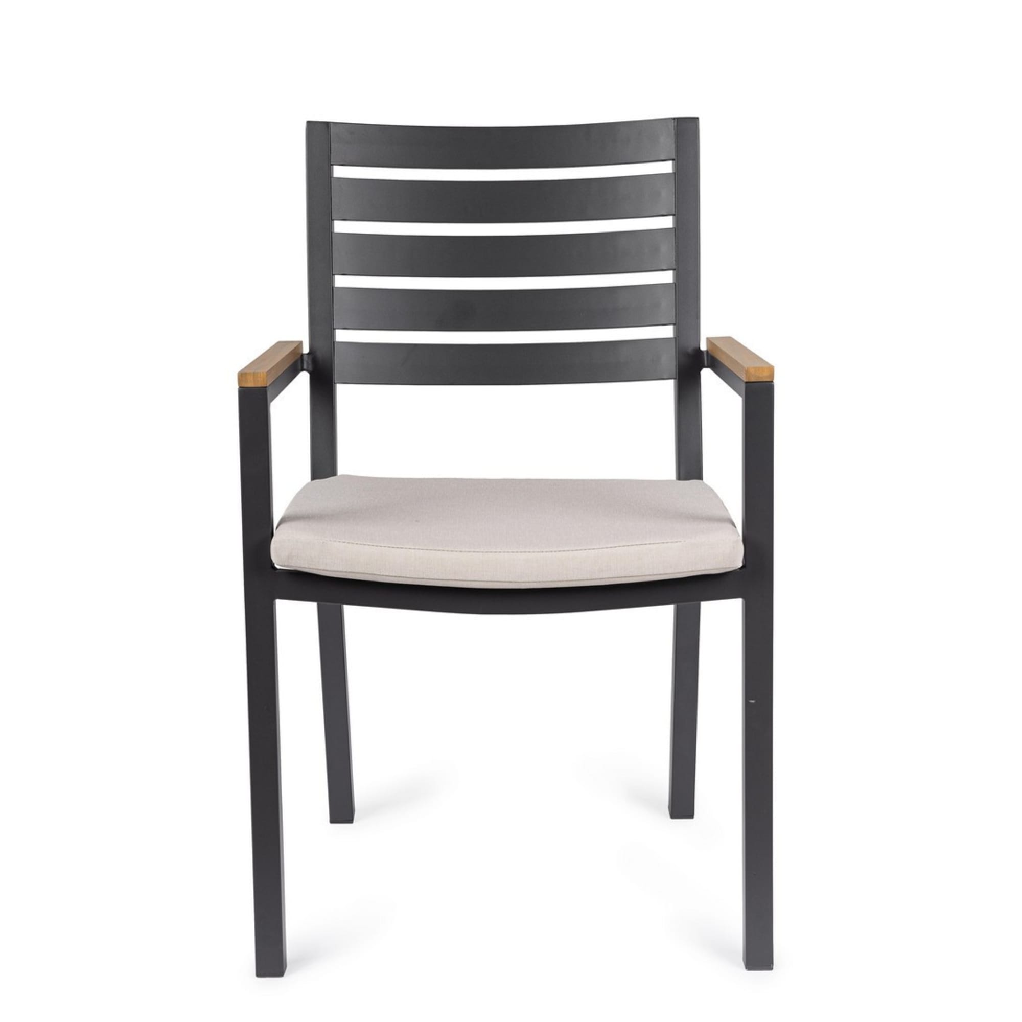 Set 4 sedie da giardino ELDA con cuscino beige, braccioli effetto legno e struttura antracite