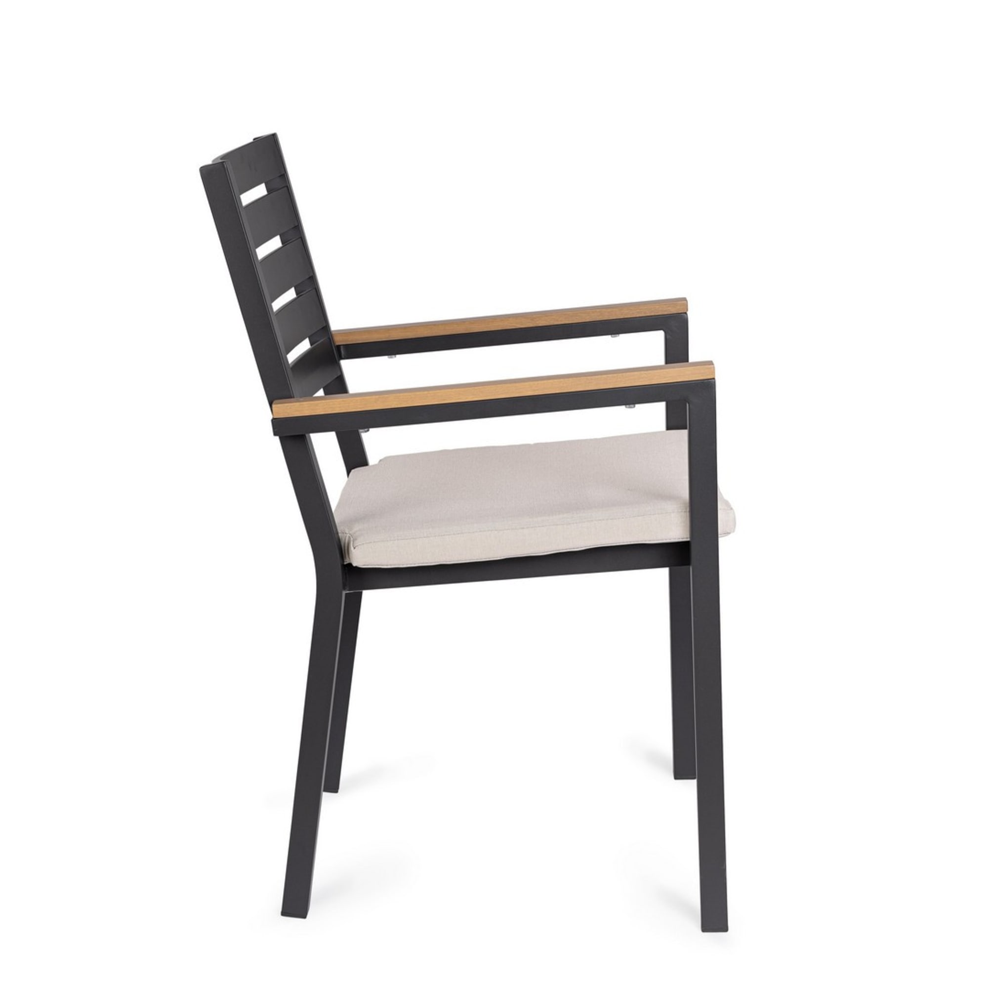 Set 4 sedie da giardino ELDA con cuscino beige, braccioli effetto legno e struttura antracite