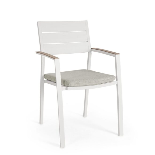 Set 4 sedie da giardino ZELMAR con cuscino beige, braccioli effetto legno e struttura in alluminio bianco