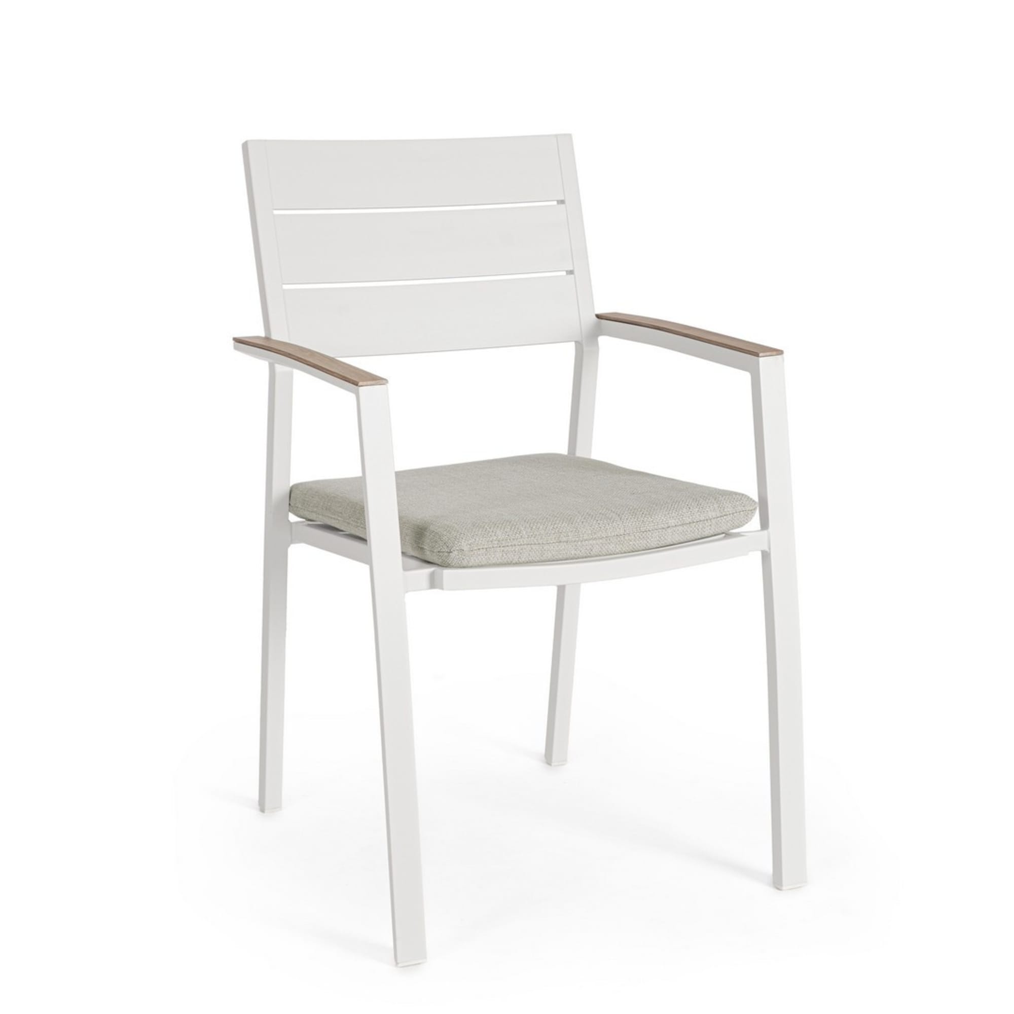 Set 4 sedie da giardino ZELMAR con cuscino beige, braccioli effetto legno e struttura in alluminio bianco