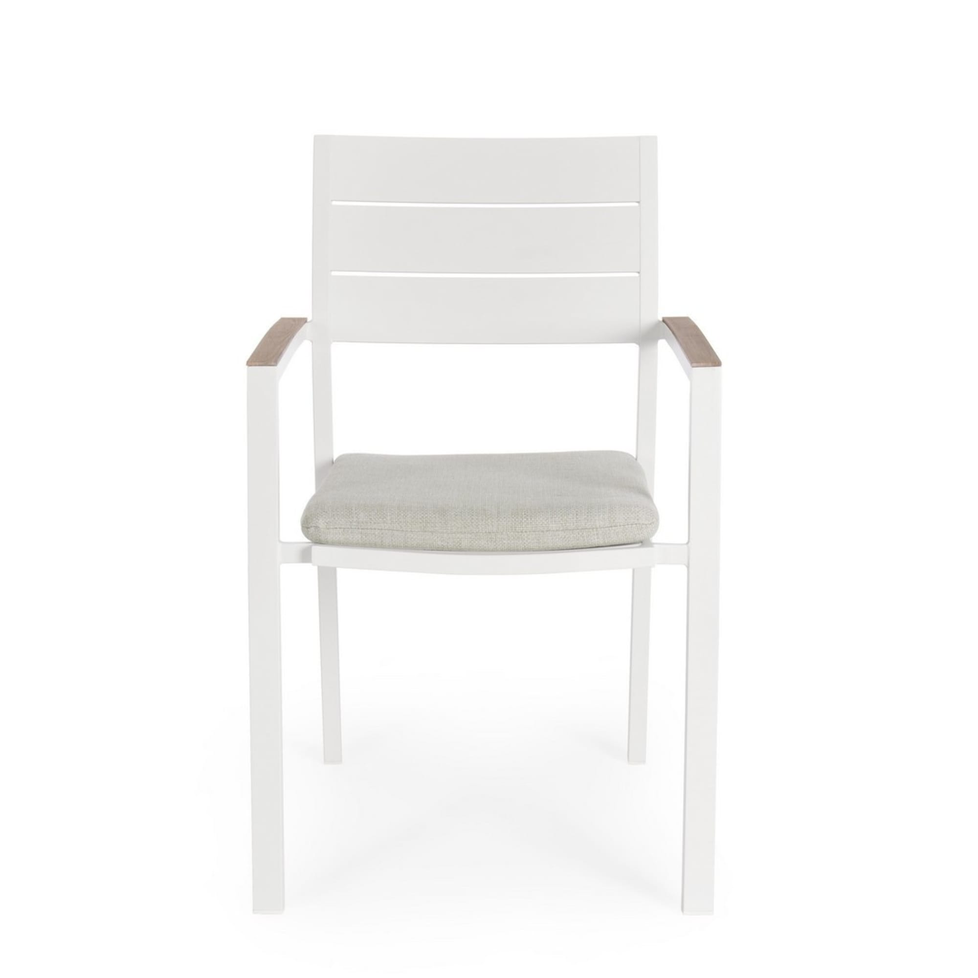 Set 4 sedie da giardino ZELMAR con cuscino beige, braccioli effetto legno e struttura in alluminio bianco
