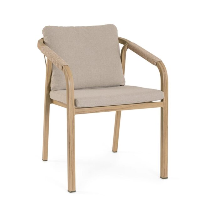 Set 4 sedie da giardino ALVOR con cuscini, intreccio in corda e struttura in alluminio effetto legno