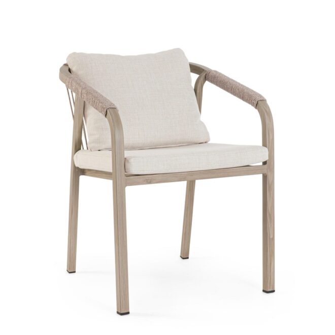 Set 4 sedie da giardino ALVOR con cuscini, intreccio in corda e struttura in alluminio effetto legno