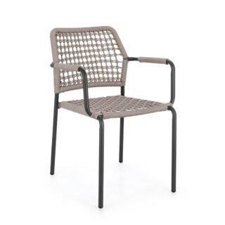 Set di 4 sedie con braccioli MIRANDA in alluminio antracite e corda beige, impilabili