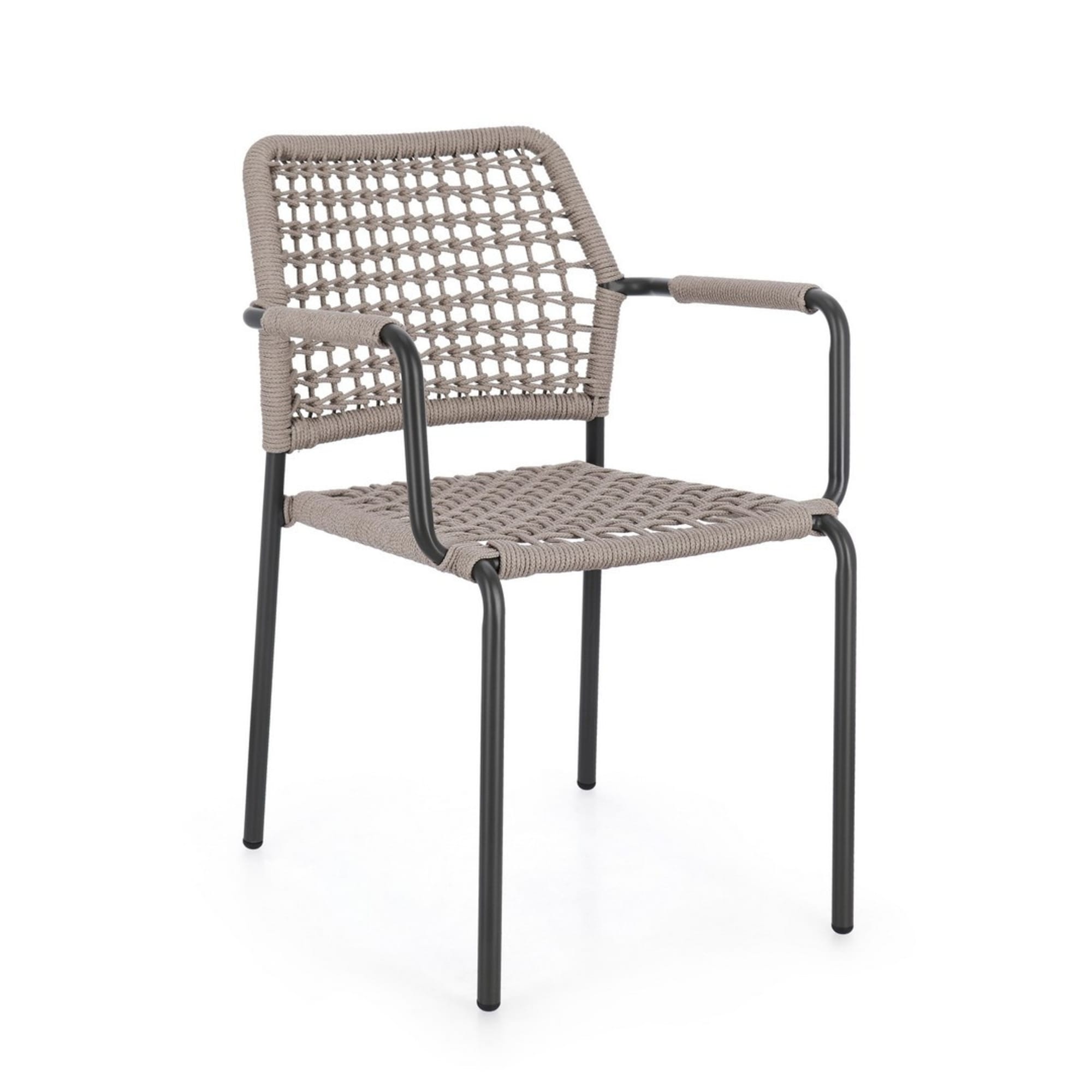 Set di 4 sedie con braccioli MIRANDA in alluminio antracite e corda beige, impilabili