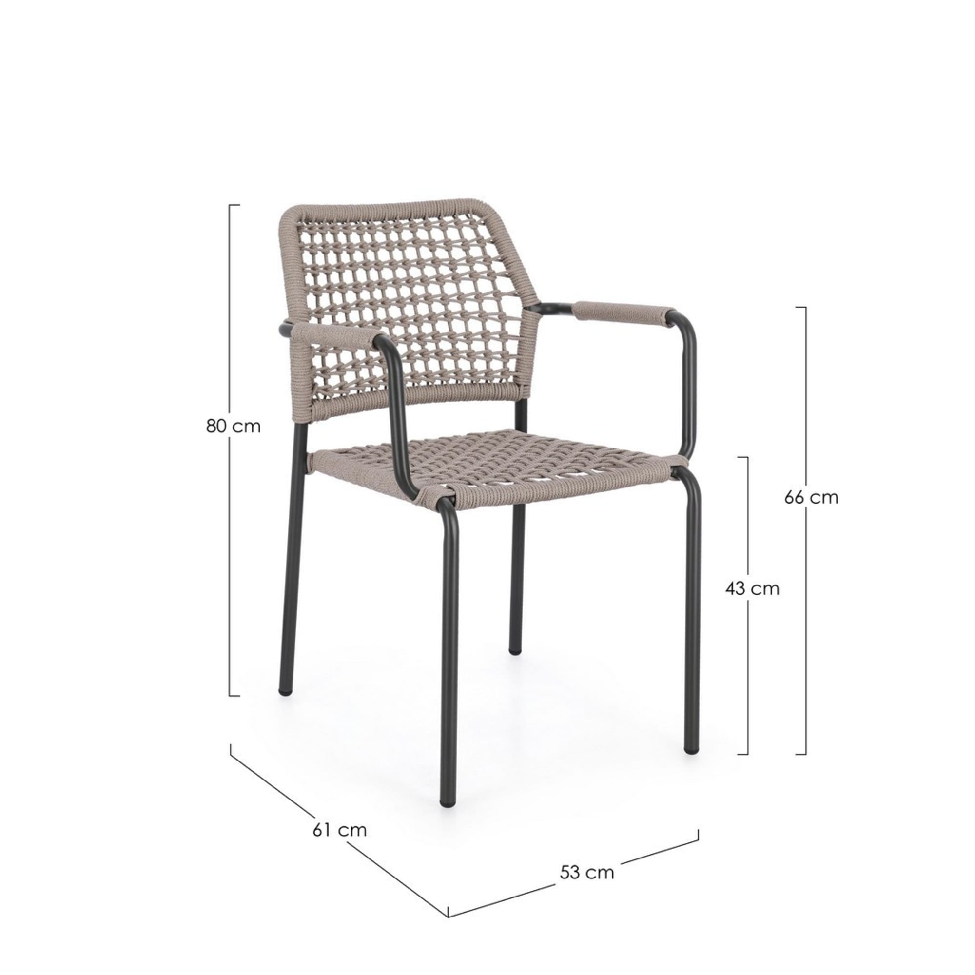 Set di 4 sedie con braccioli MIRANDA in alluminio antracite e corda beige, impilabili
