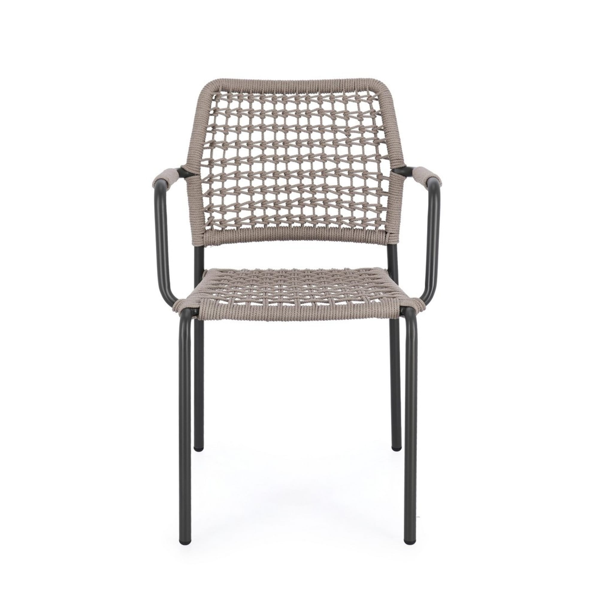 Set di 4 sedie con braccioli MIRANDA in alluminio antracite e corda beige, impilabili