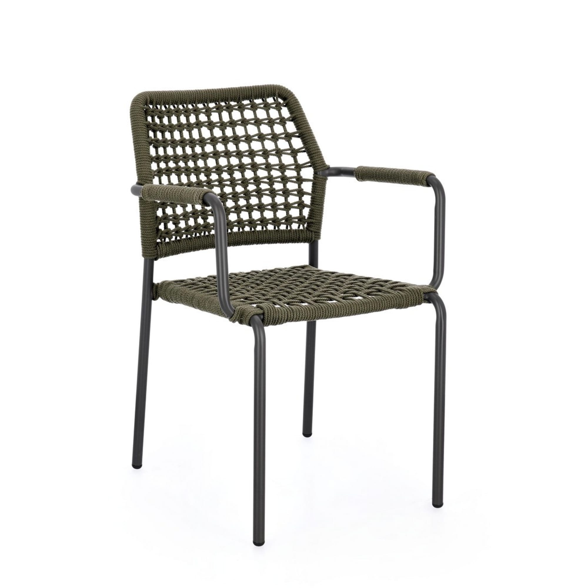 Set di 4 sedie con braccioli MIRANDA in alluminio antracite e corda verde, impilabili
