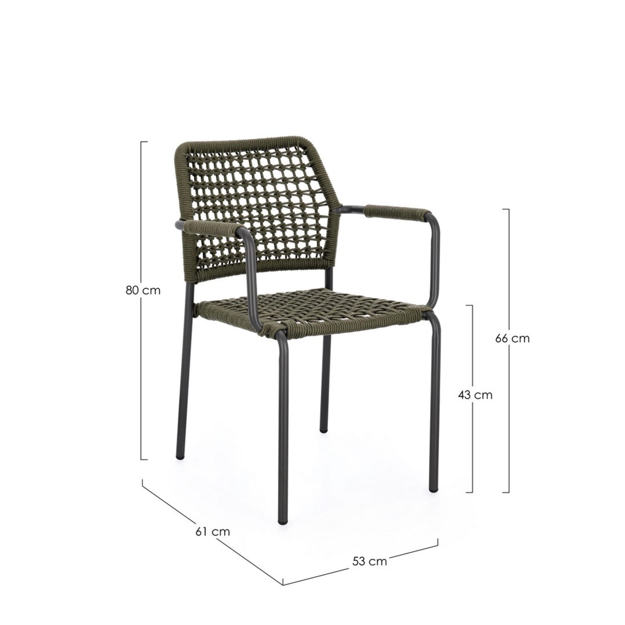 Set di 4 sedie con braccioli MIRANDA in alluminio antracite e corda verde, impilabili