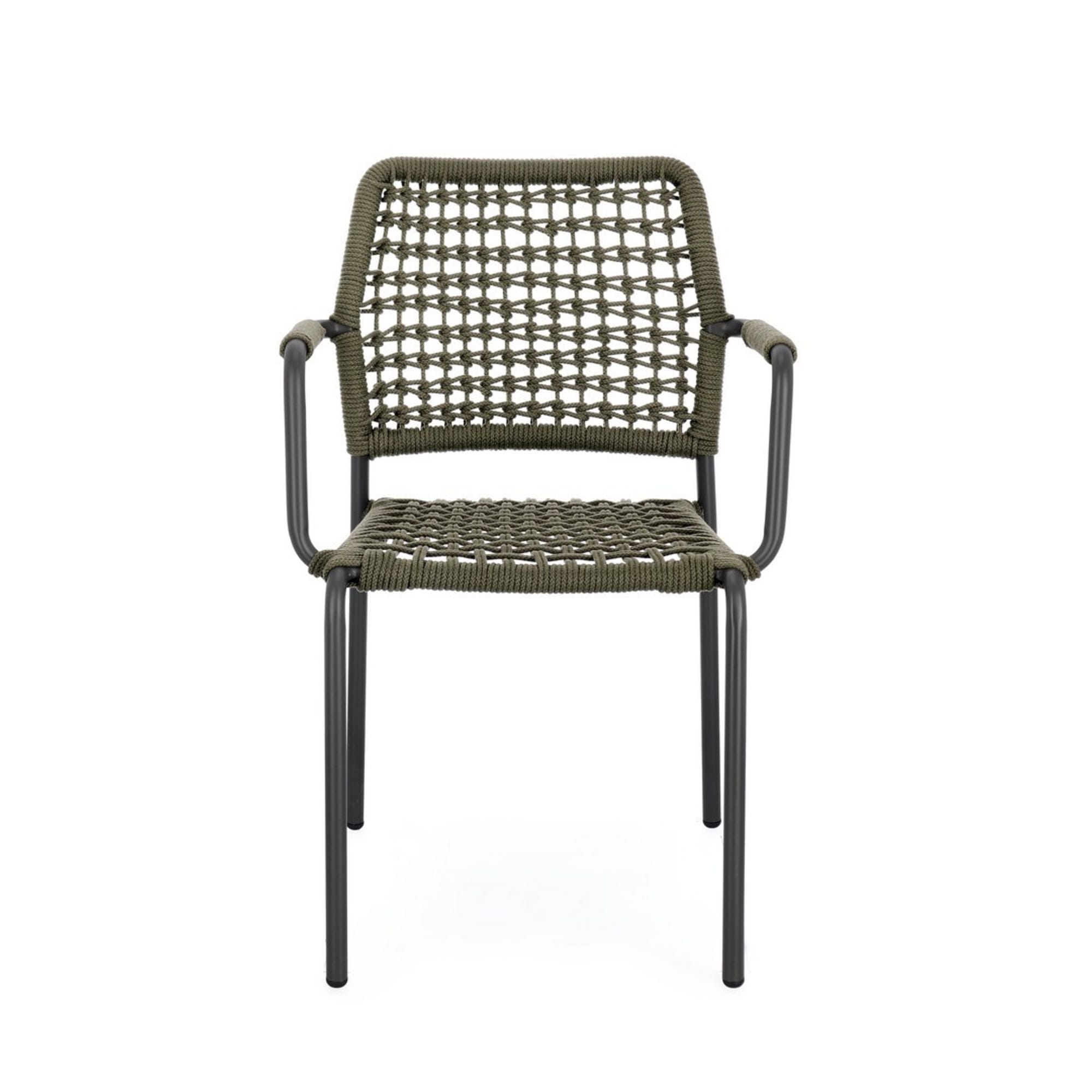 Set di 4 sedie con braccioli MIRANDA in alluminio antracite e corda verde, impilabili