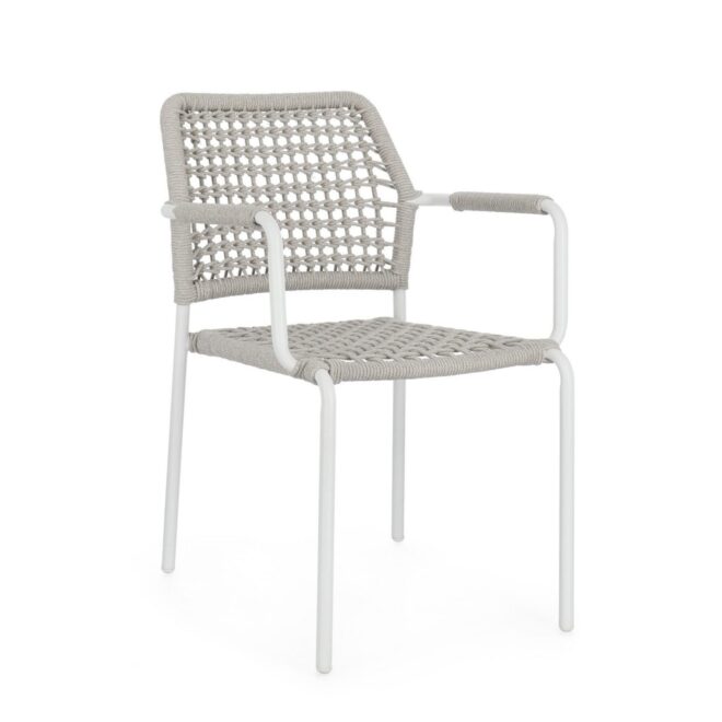 Set di 4 sedie con braccioli MIRANDA in alluminio e corda bianco, impilabili