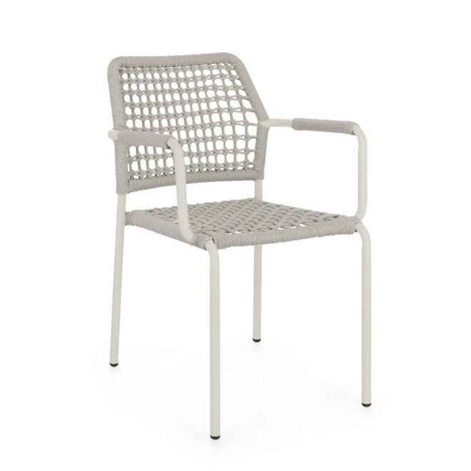 Set di 4 sedie con braccioli MIRANDA in alluminio beige e corda tortora, impilabili
