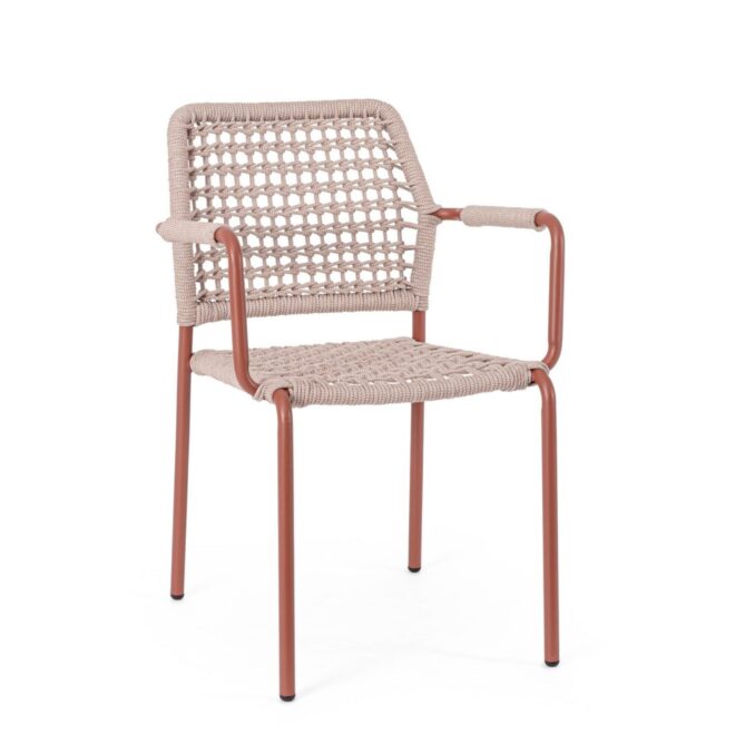 Set di 4 sedie MIRANDA in alluminio rosso rame e corda beige, impilabili