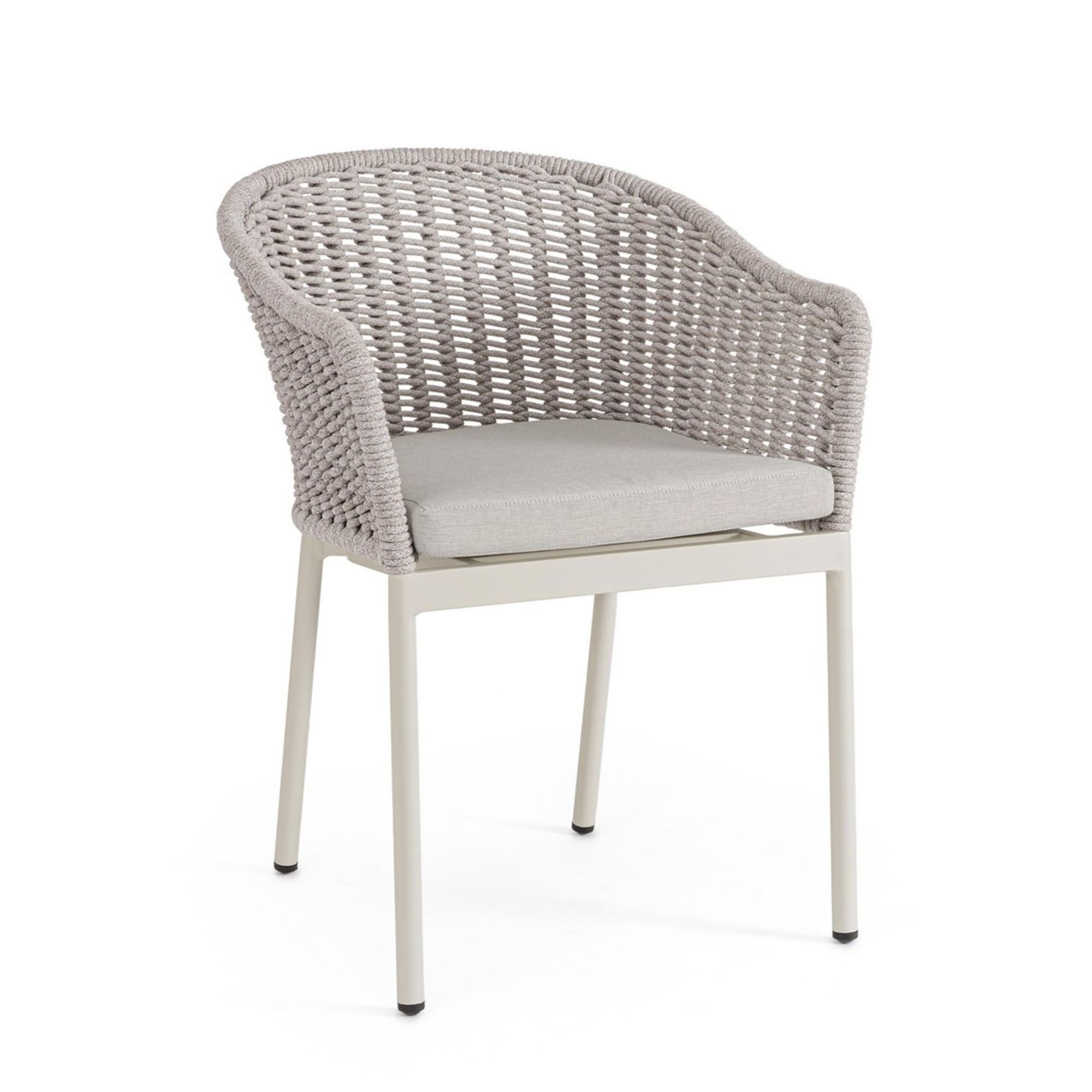 Set di 4 sedie con braccioli ORIO in corda tortora e alluminio beige, impilabili