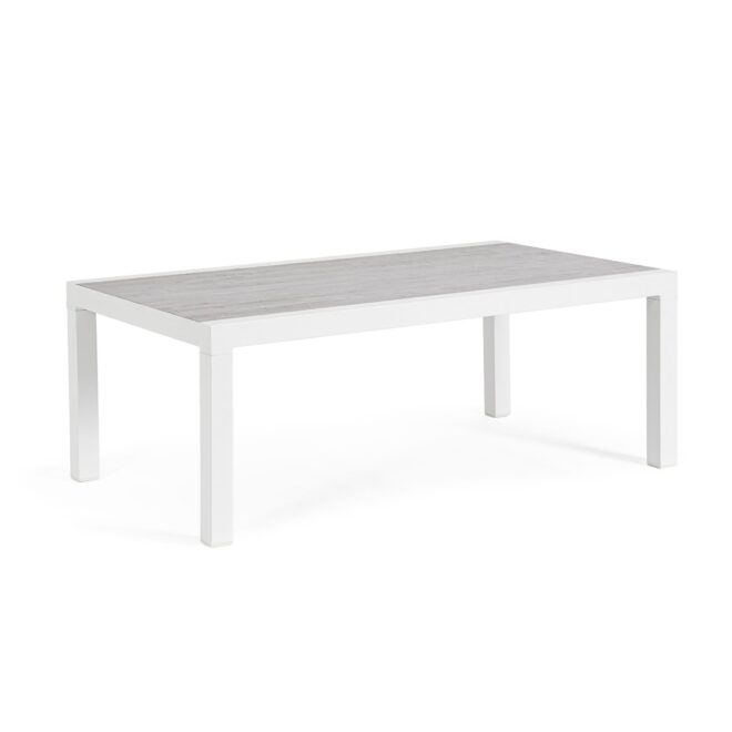 Tavolino da giardino OVIEDO con piano in ceramica e struttura in alluminio bianco, 120×70 cm