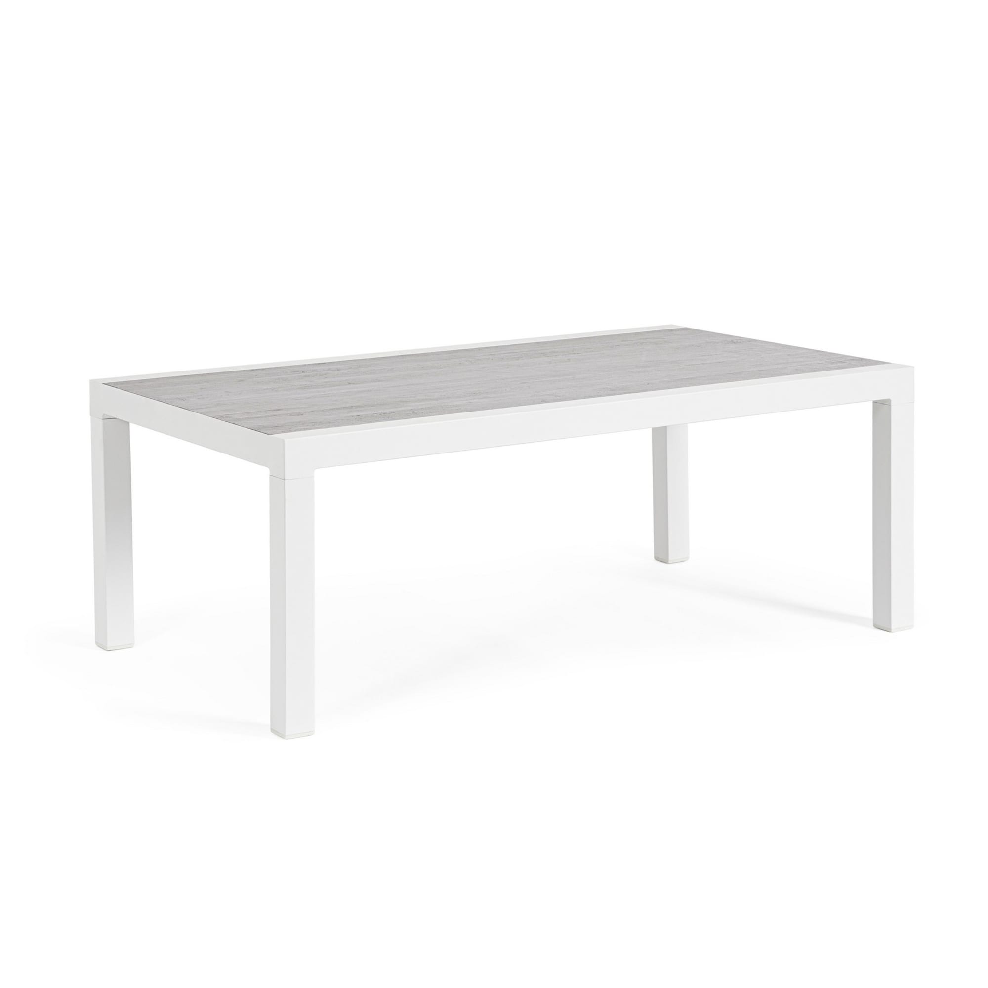 Tavolino da giardino OVIEDO con piano in ceramica e struttura in alluminio bianco, 120×70 cm