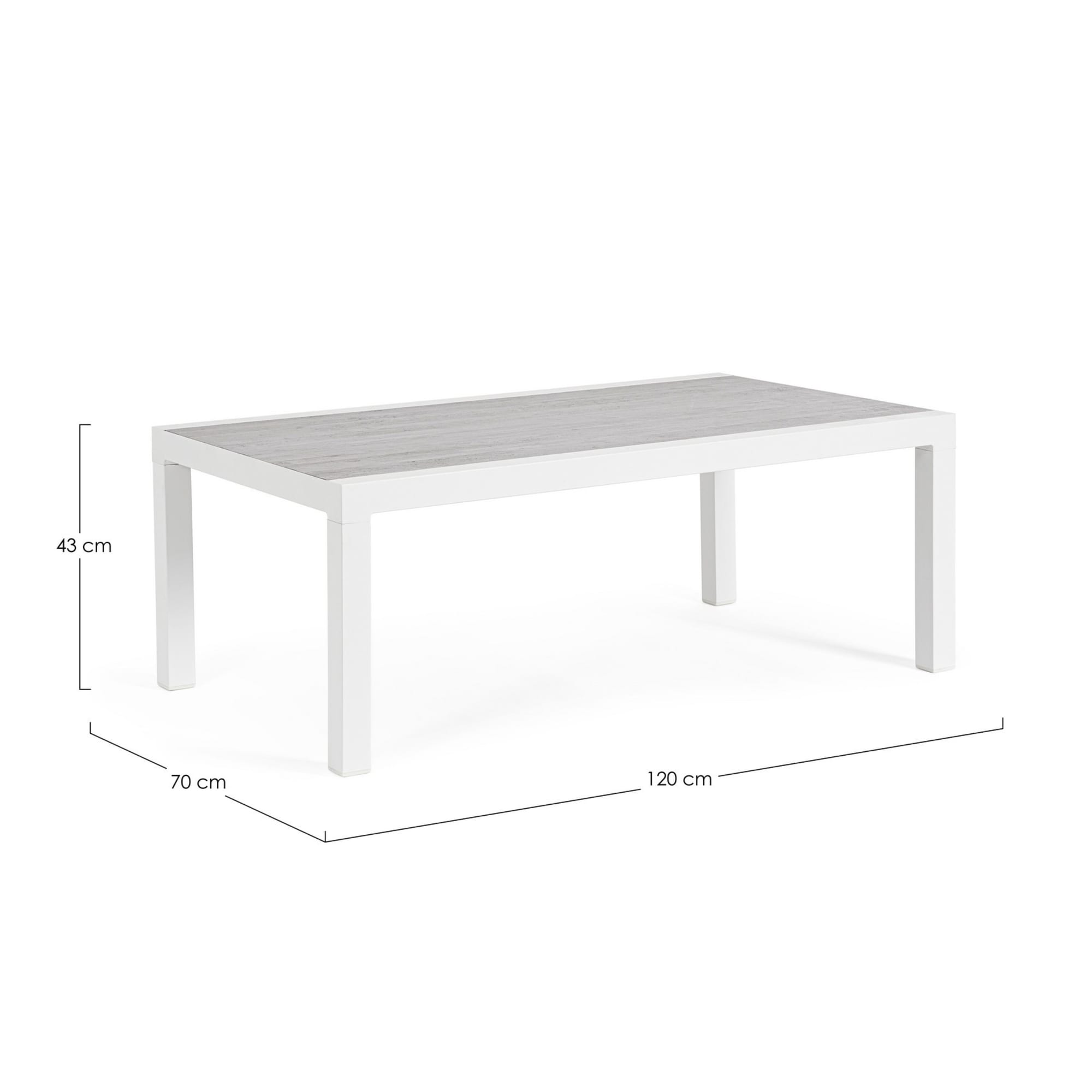 Tavolino da giardino OVIEDO con piano in ceramica e struttura in alluminio bianco, 120×70 cm