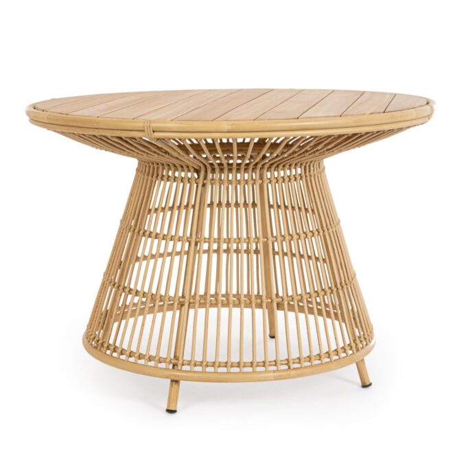 Tavolo da giardino TOLEDO rotondo in teak naturale e fibra effetto rattan, Ø110 cm