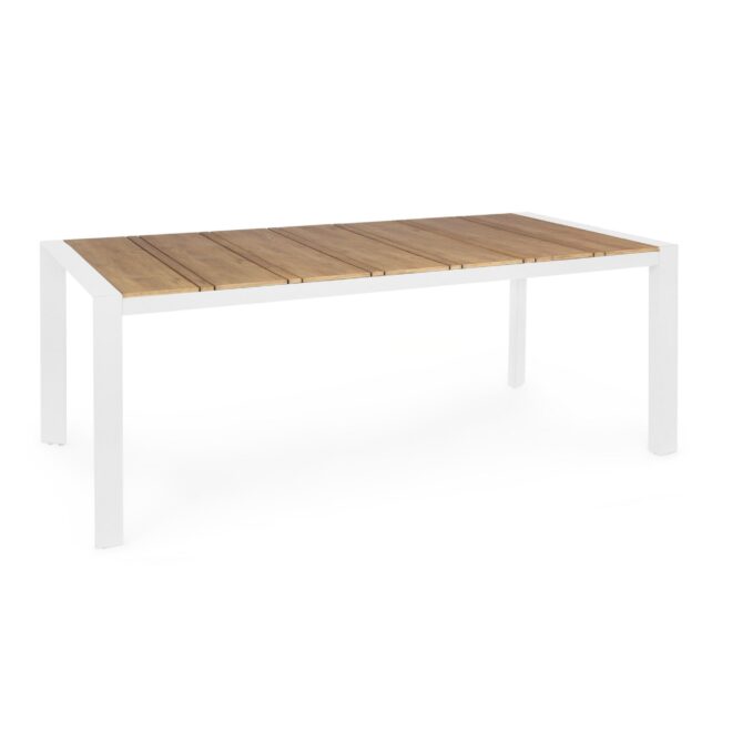 Tavolo da giardino ELIAS con piano color teak e struttura in alluminio bianco, 198×100 cm