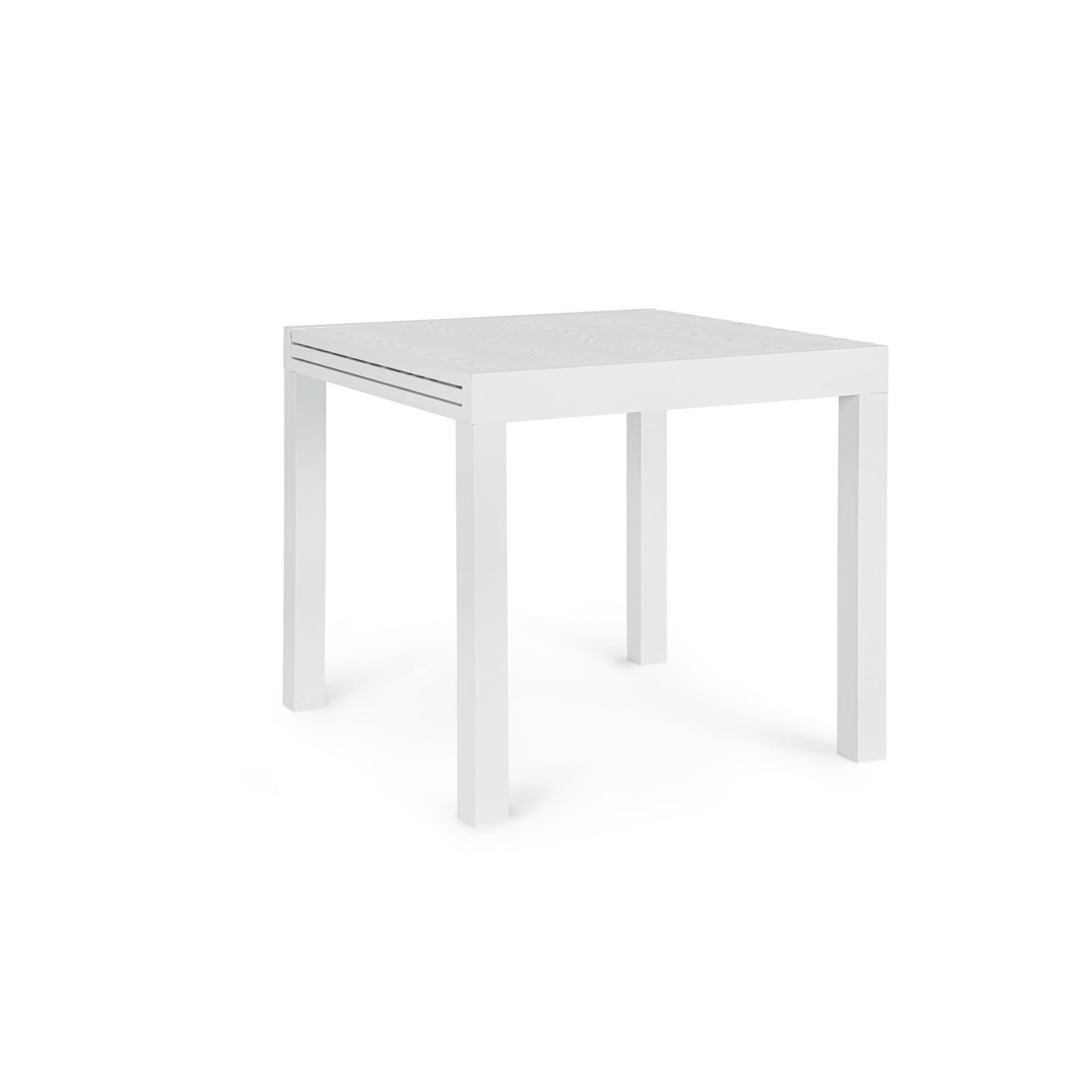 Tavolo allungabile da giardino CLIV con piano effetto legno e struttura in alluminio bianco, 80×80 – 160×80 cm