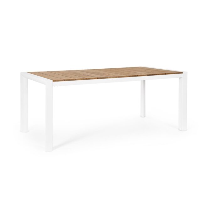 Tavolo da giardino CAMERON con piano in teak e struttura in alluminio bianco, 180×90 cm