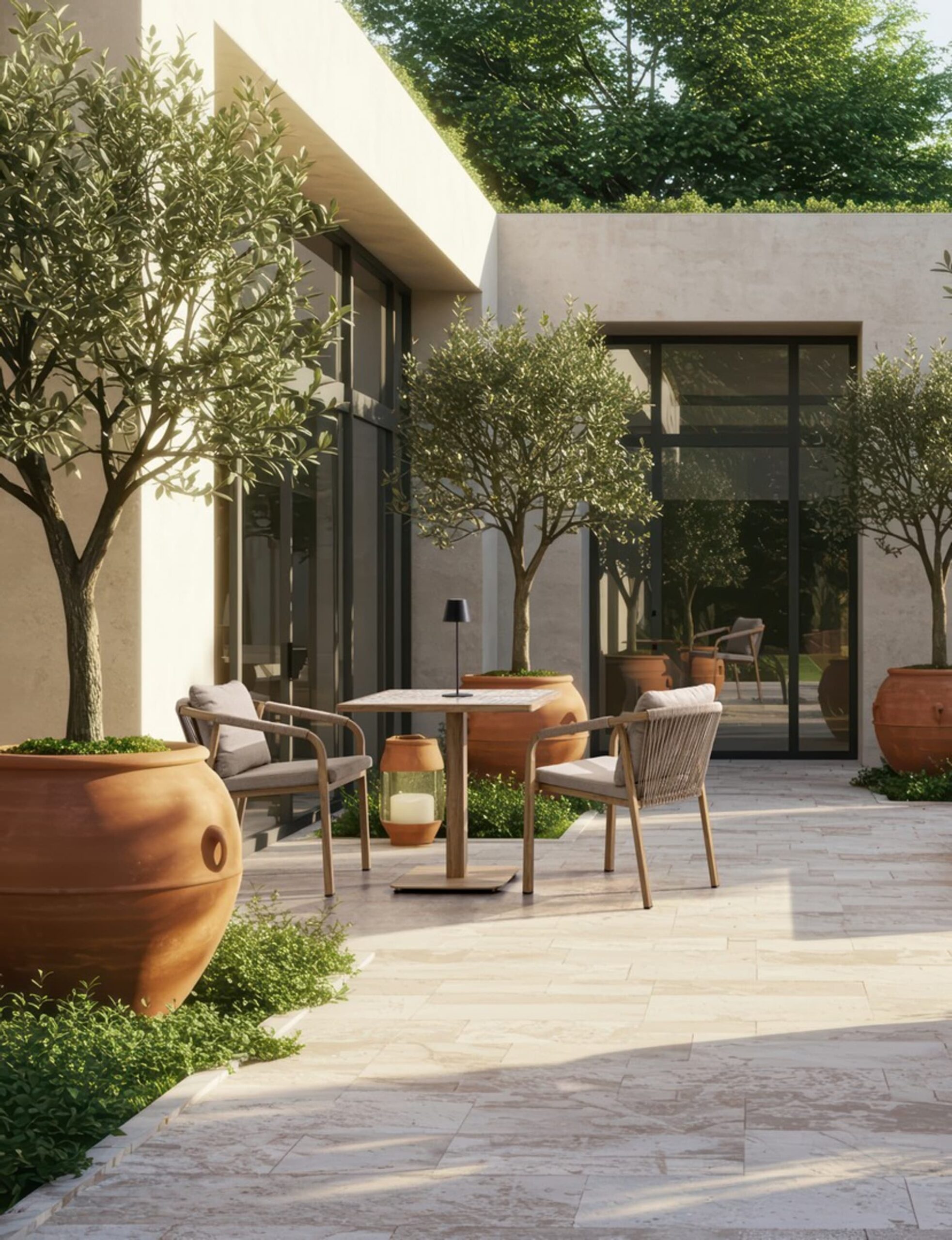 Tavolo da giardino ALVOR con piano in porcellana decorata e struttura in alluminio effetto legno