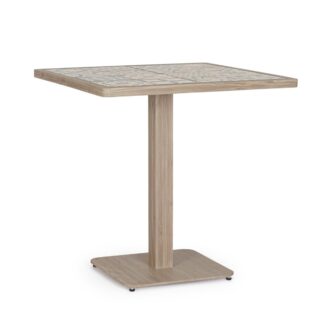 Tavolo da giardino ALVOR beige e azzurro con piano in porcellana decorata e struttura in alluminio effetto legno