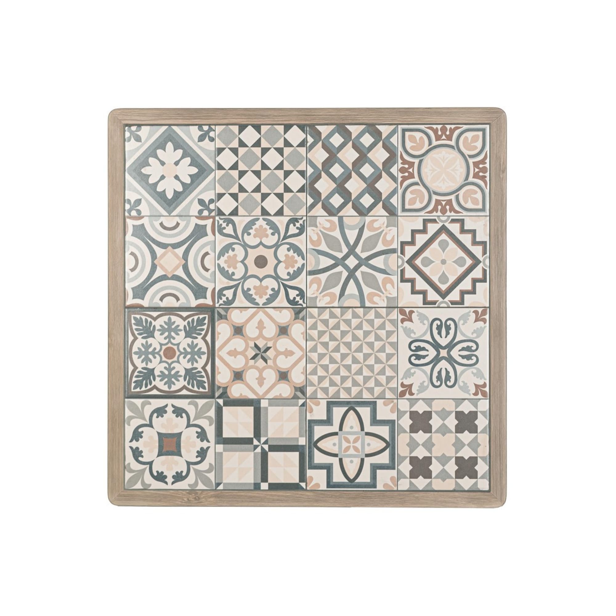 Tavolo da giardino ALVOR con piano in porcellana decorata e struttura in alluminio effetto legno