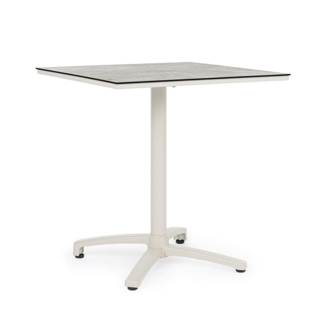 Tavolo da bar quadrato LAREDO in alluminio beige e HPL tortora, pieghevole e impilabile, 70×70×74 cm