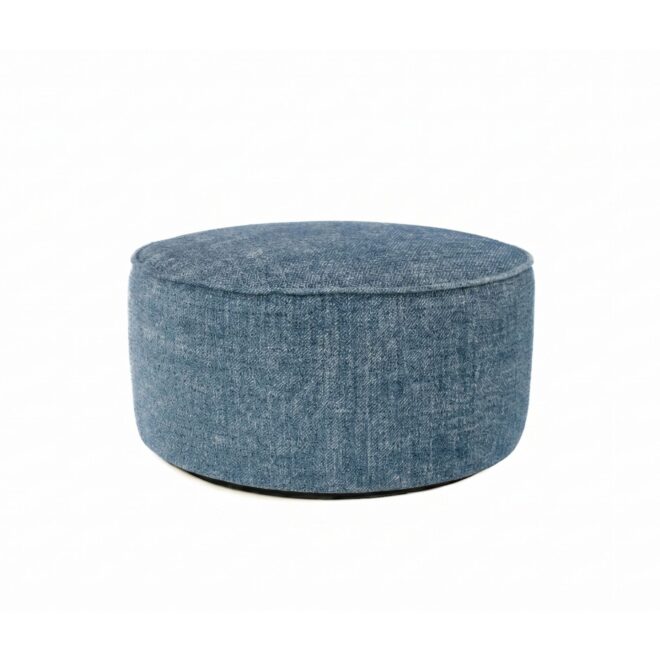 Pouf artigianale di design CAPRI Ø 90 cm Made in Italy in tessuto melange azzurro con piedini, personalizzabile