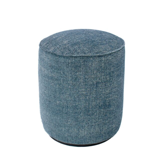 Pouf artigianale di design PROCIDA Ø 40 cm Made in Italy in tessuto melange azzurro con base MDF nera, personalizzabile