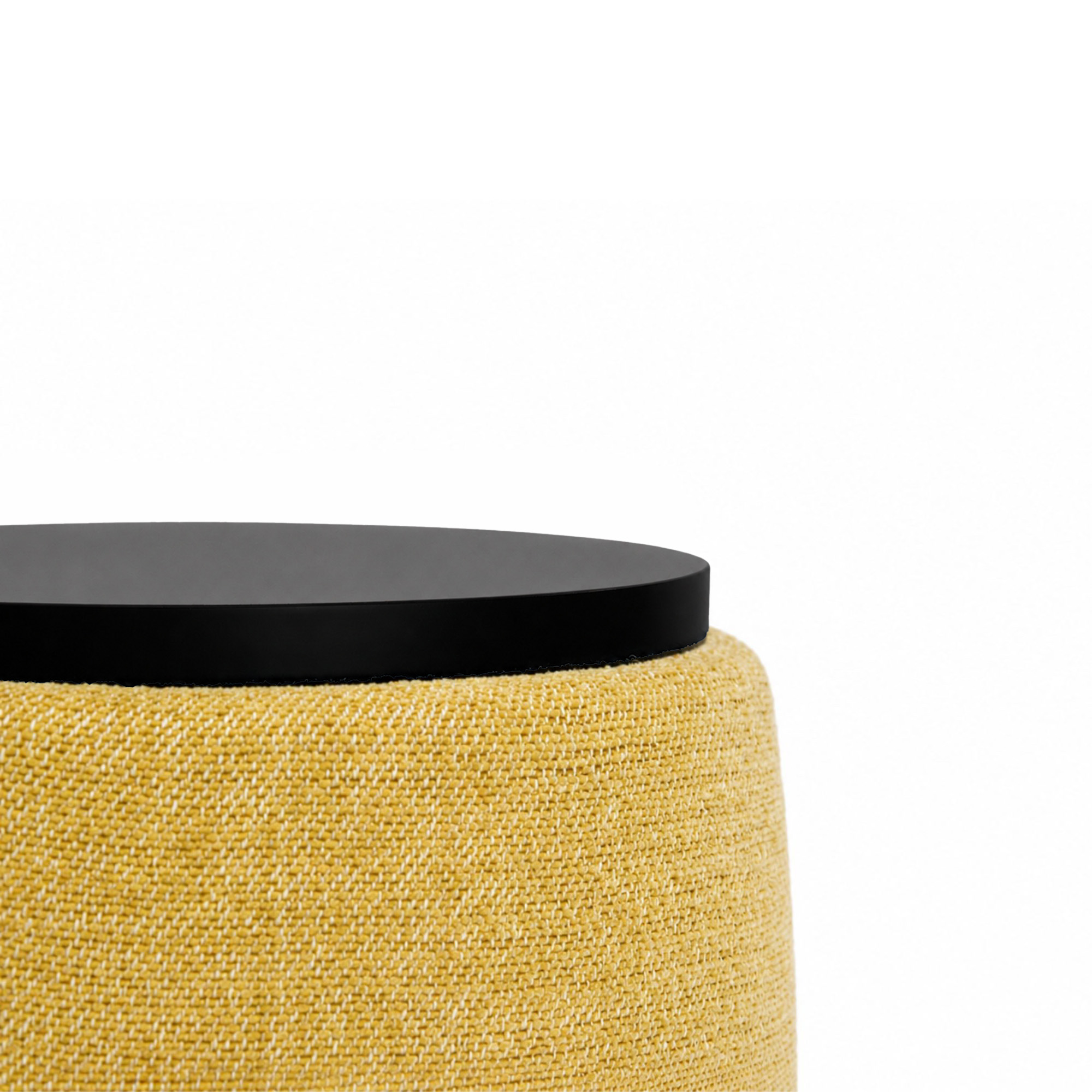 Pouf artigianale di design PROCIDA Ø 40 cm Made in Italy in tessuto melange giallo con base MDF nera, personalizzabile