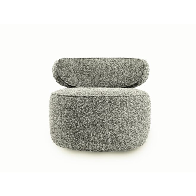 Poltrona artigianale di design MADDALENA Made in Italy in tessuto effetto bouclé metallo con base MDF nera, personalizzabile