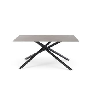 Tavolo MACINAGGIO con piano in ceramica effetto pietra grigio e gambe incrociate in metallo nero, 160x90x76 cm
